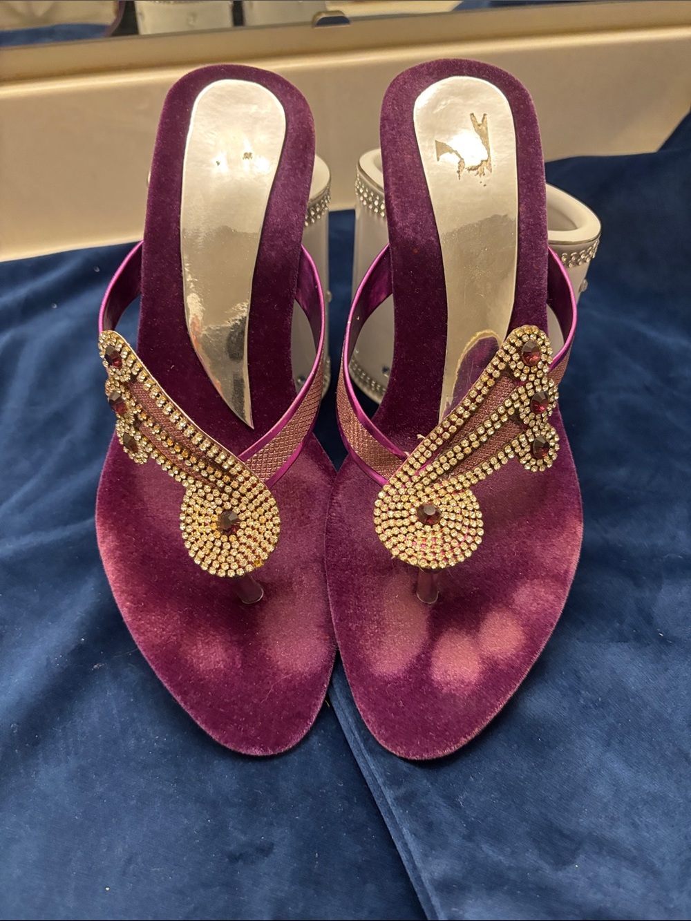 Elegant Women's Purple Velvet Heeled Sandals with Crystal Accent